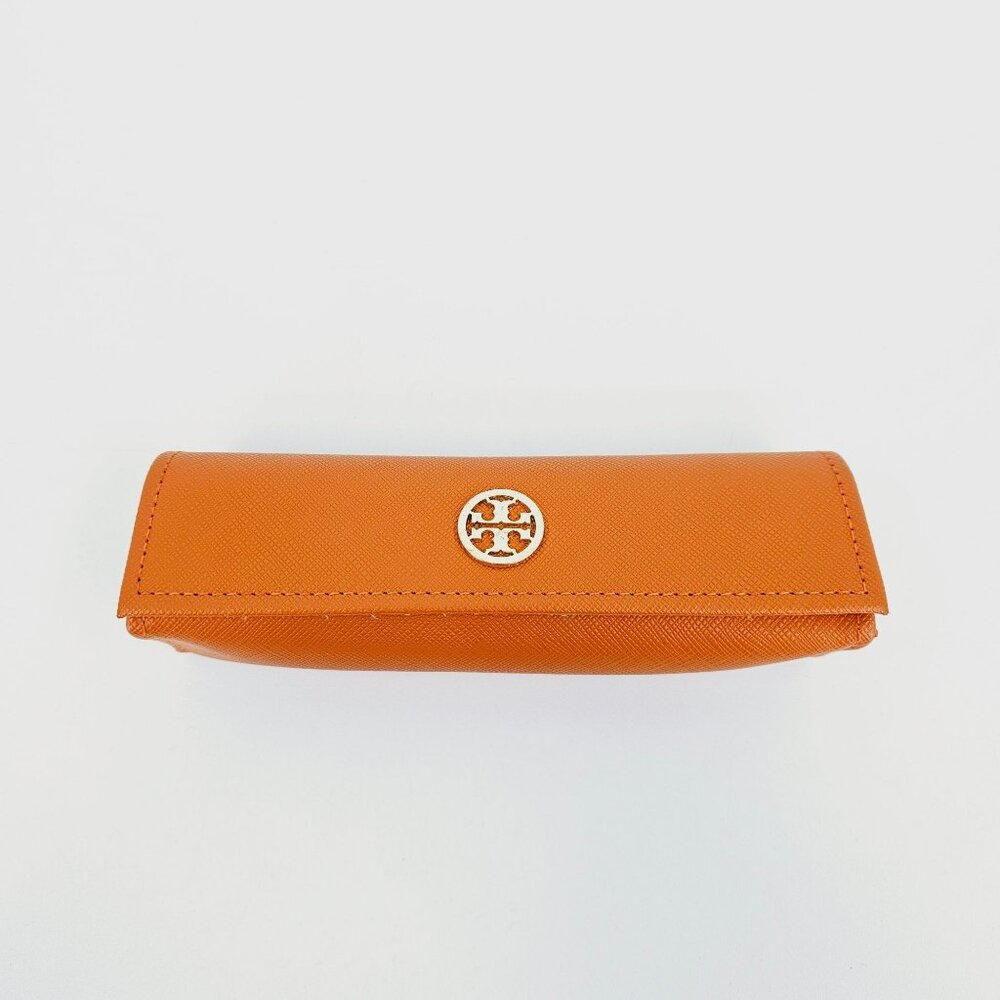 Tory Burch Glasses Case Orange Saffiano Leather Gold Metal Logo Designer Stylish